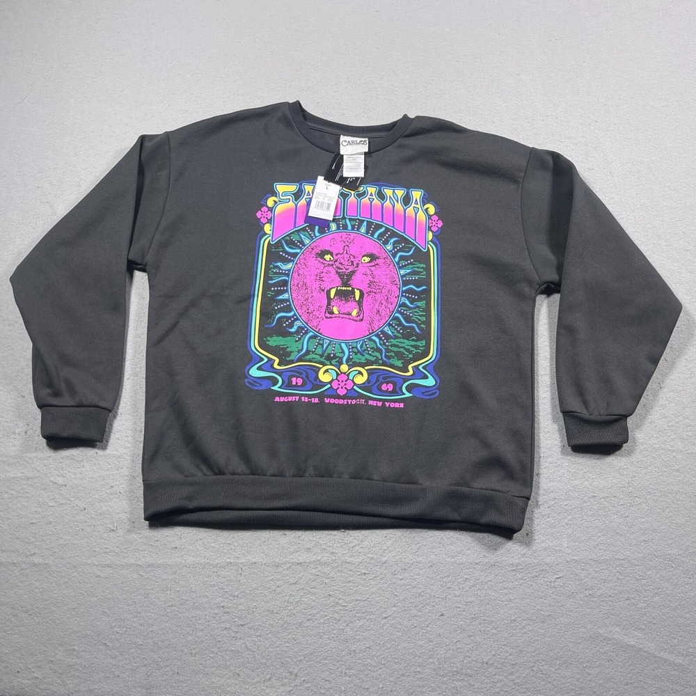 Carlos Santana Woodstock Sweatshirt Men‎ Large Graphic Crewneck Gray Rock Retro
